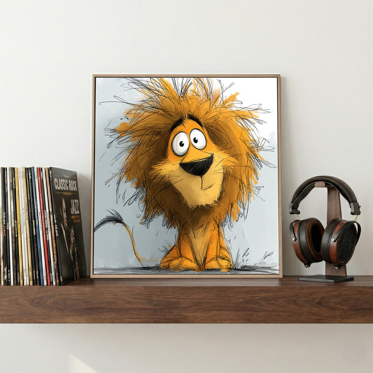 Whimsical Cartoon Lion Kids canvas wall art print displayed in a styled living room