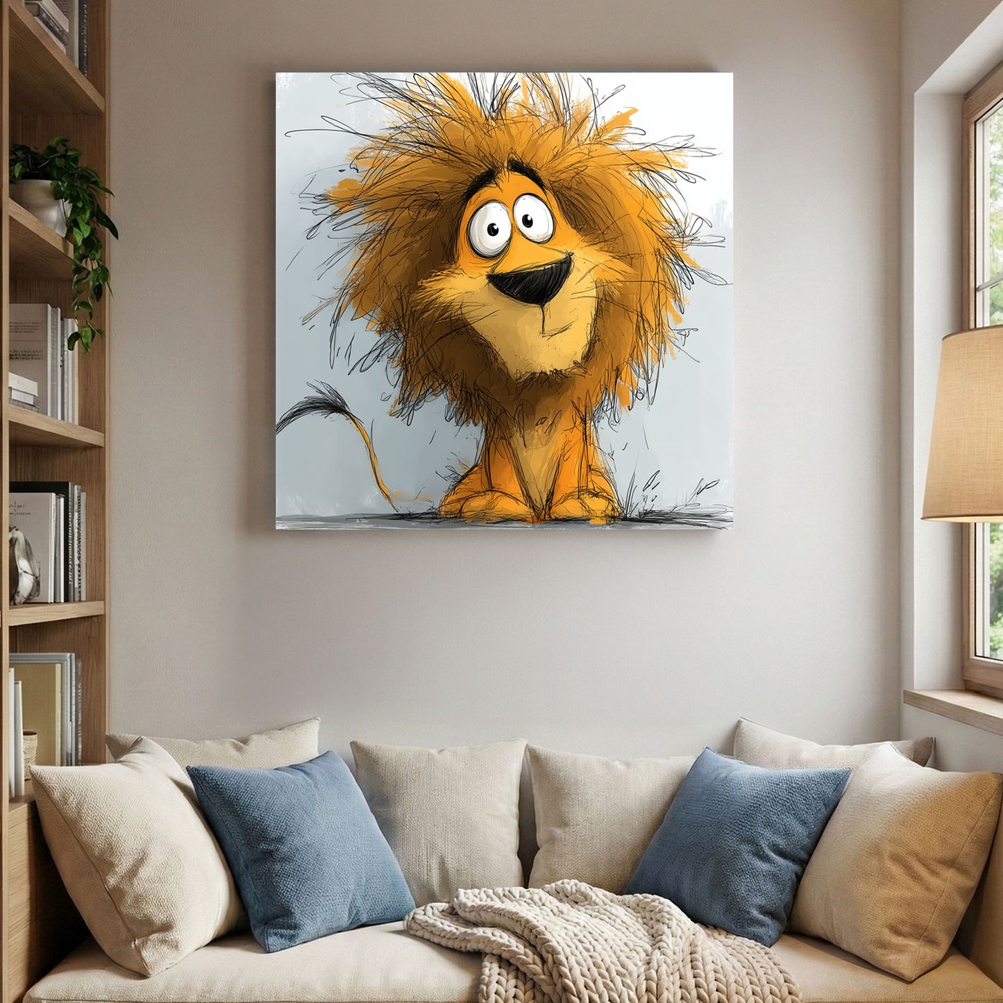 Whimsical Cartoon Lion Kids canvas wall art print displayed in a styled living room