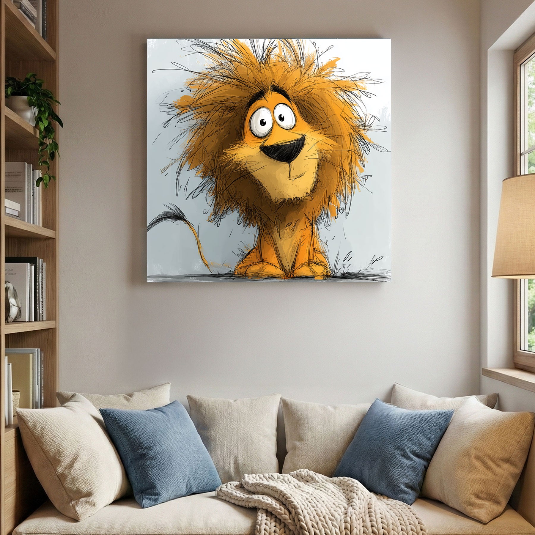 Whimsical Cartoon Lion Kids canvas wall art print displayed in a styled living room