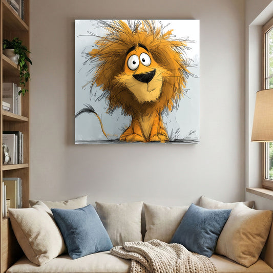Whimsical Cartoon Lion Kids canvas wall art print displayed in a styled living room