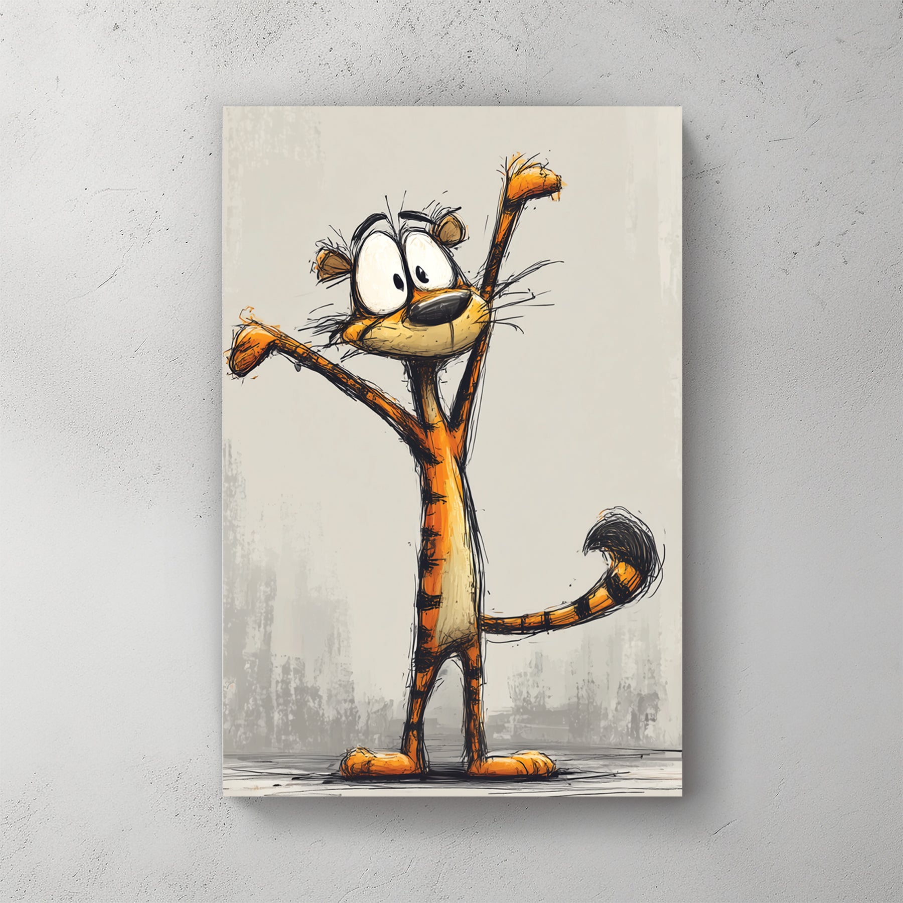 cartoon tiger stick-figure style, googly eyes, orange and black stripes, hands up celebrating — canvas wall art print