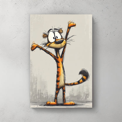 cartoon tiger stick-figure style, googly eyes, orange and black stripes, hands up celebrating — canvas wall art print
