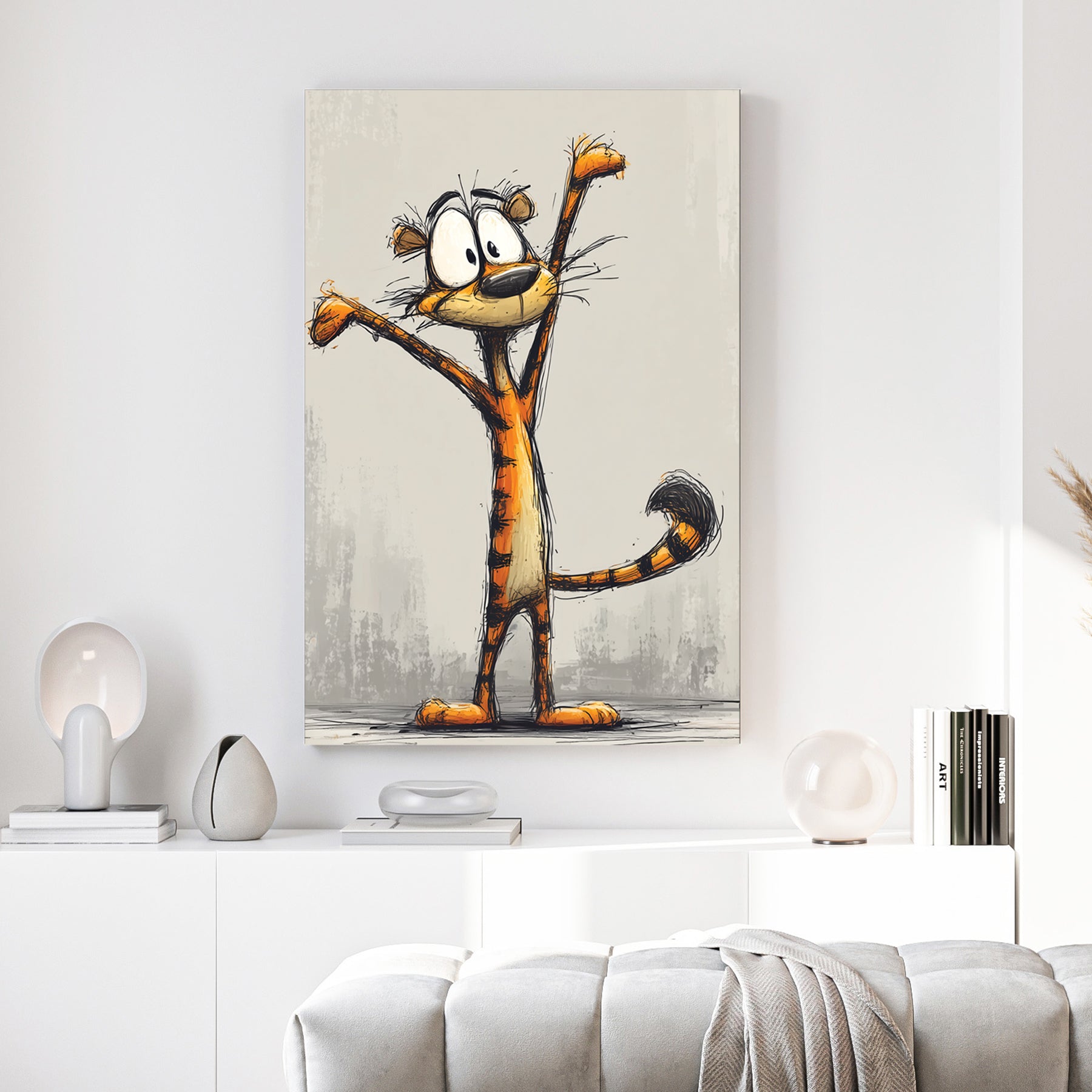 Cartoon Tiger Sketch canvas wall art print above a sofa in a contemporary living room