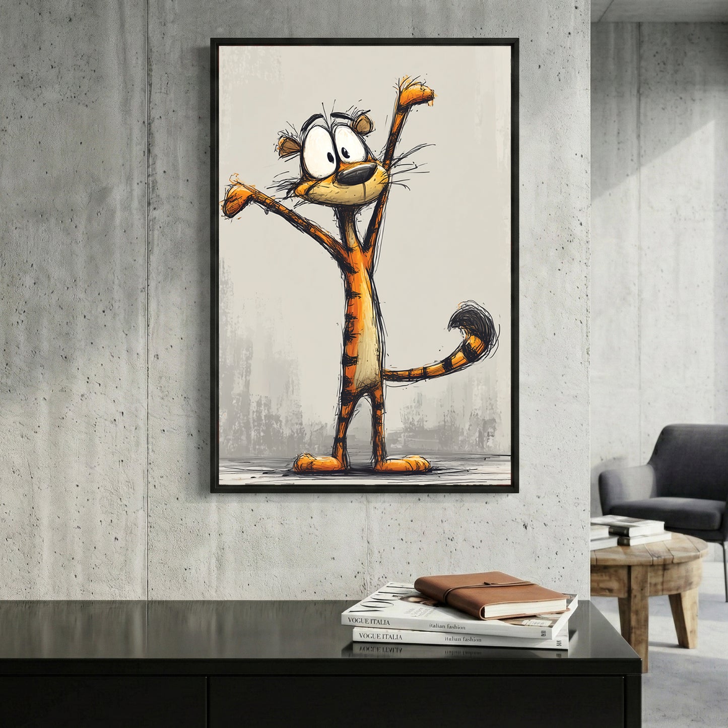 Cartoon Tiger Sketch framed canvas wall art print in a gallery-style display