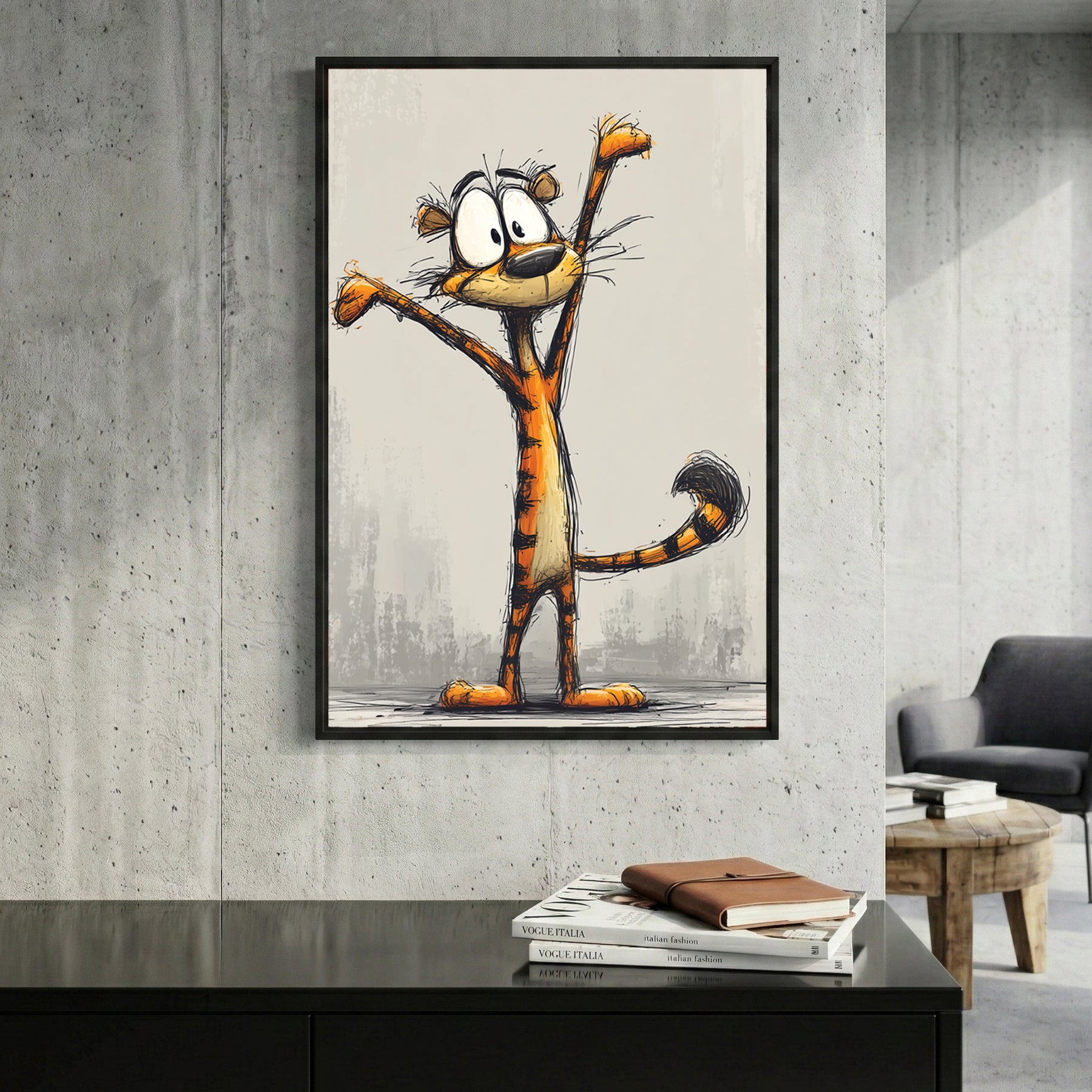 Cartoon Tiger Sketch framed canvas wall art print in a gallery-style display