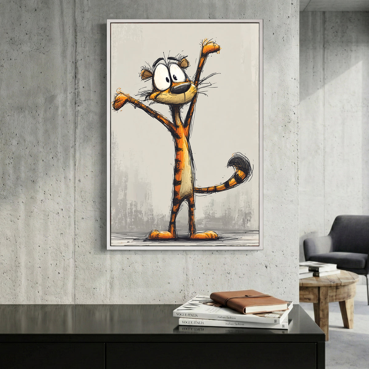 Cartoon Tiger Sketch canvas wall art print displayed in a styled living room