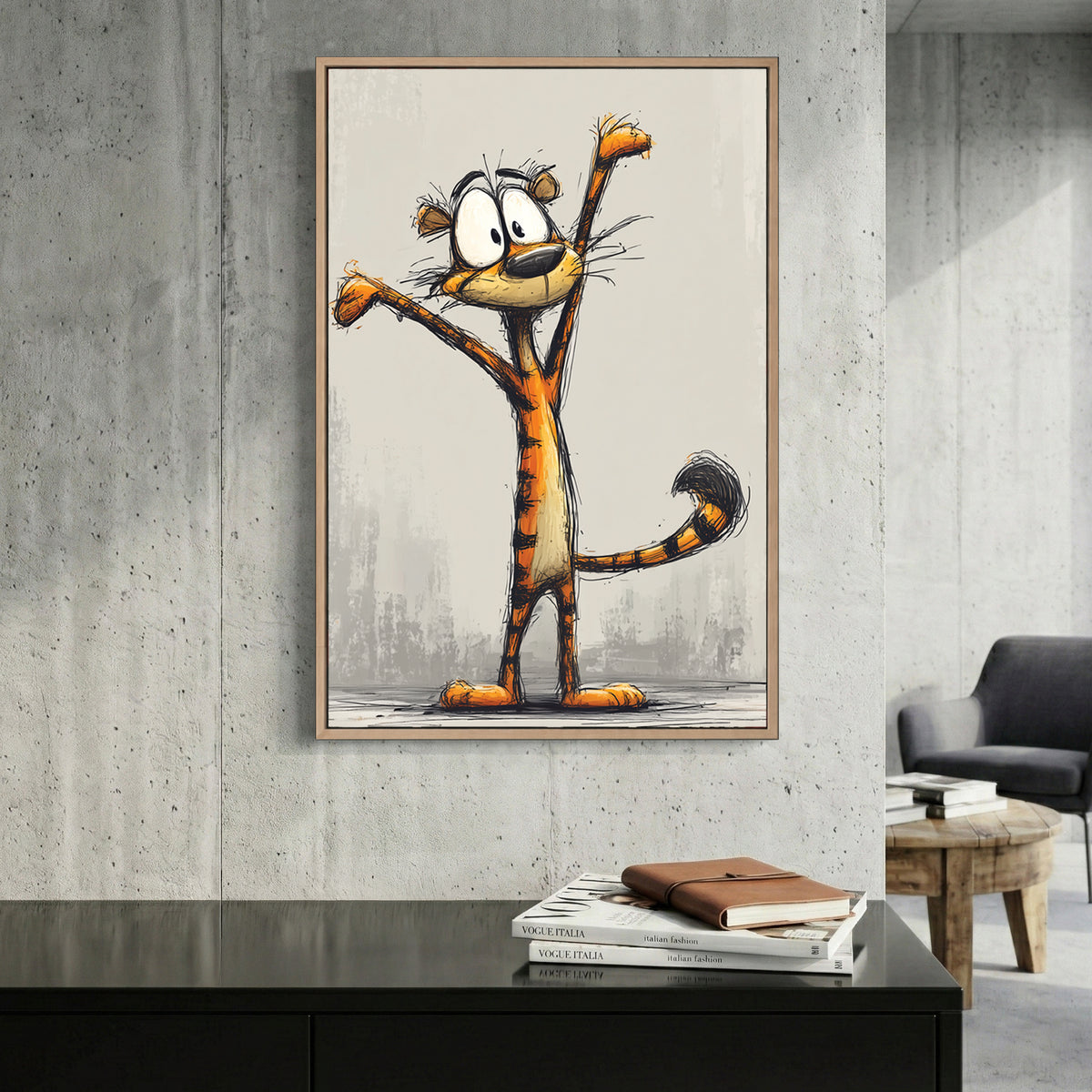 Cartoon Tiger Sketch canvas wall art print displayed in a styled living room