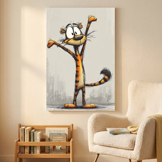 Cartoon Tiger Sketch canvas wall art print displayed in a styled living room