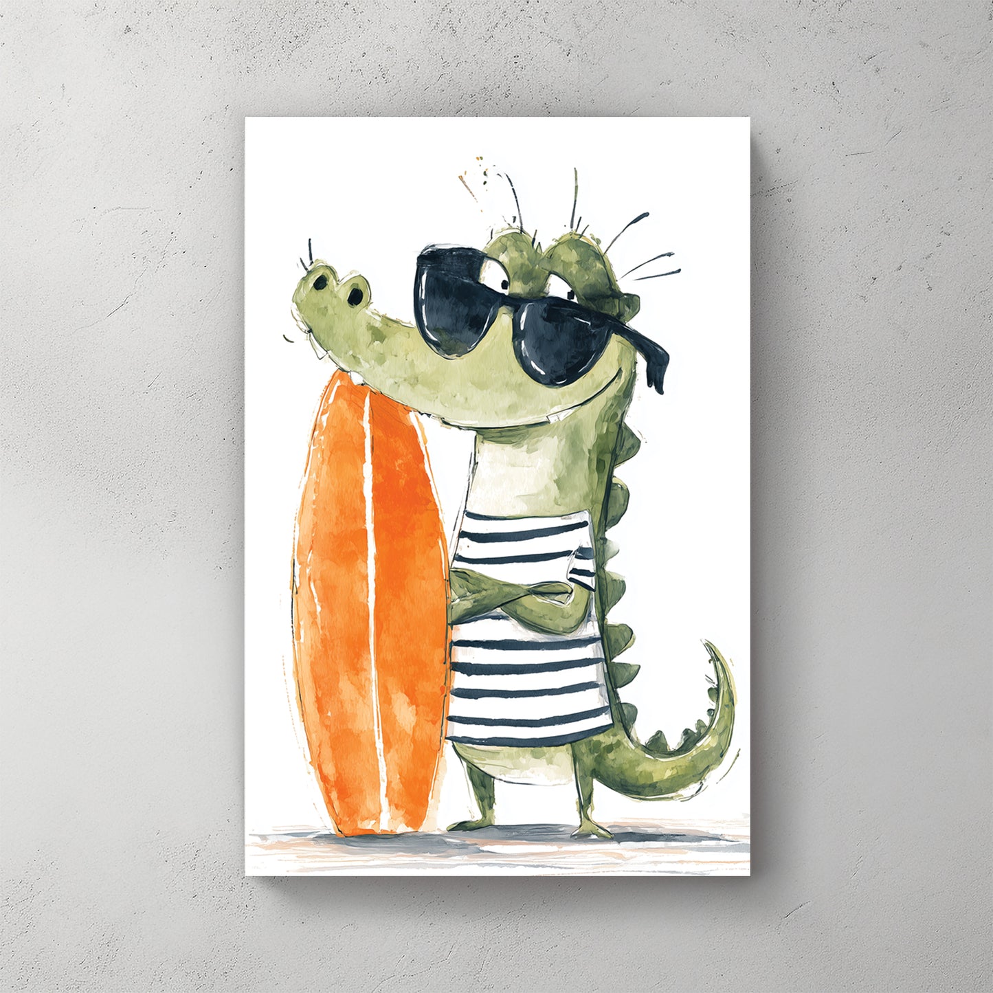 Cartoon crocodile in striped swimsuit and sunglasses holding orange surfboard, watercolour kids style — canvas wall art print