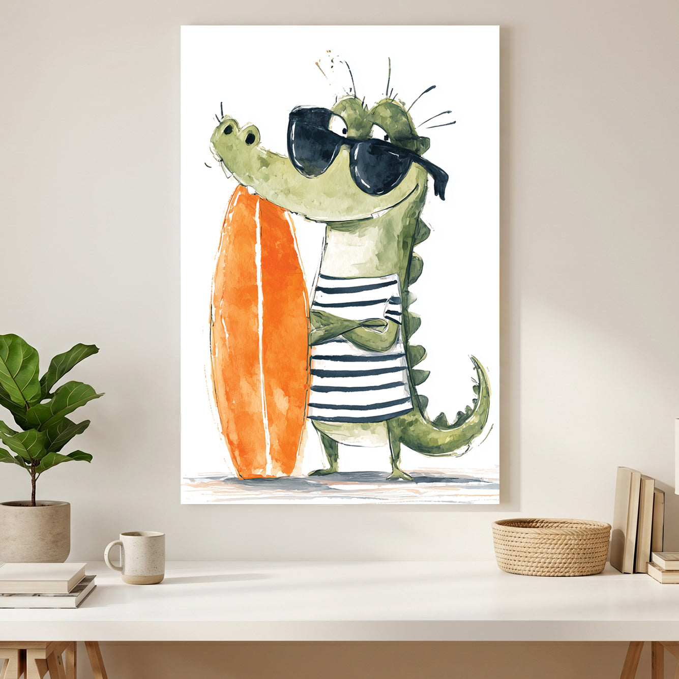 Crocodile Surfer Kids Watercolour canvas wall art print styled in a modern interior