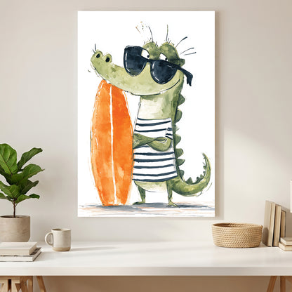 Crocodile Surfer Kids Watercolour canvas wall art print styled in a modern interior