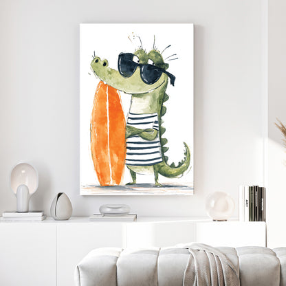 Crocodile Surfer Kids Watercolour canvas wall art print above a sofa in a contemporary living room