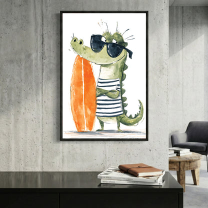 Crocodile Surfer Kids Watercolour framed canvas wall art print in a gallery-style display