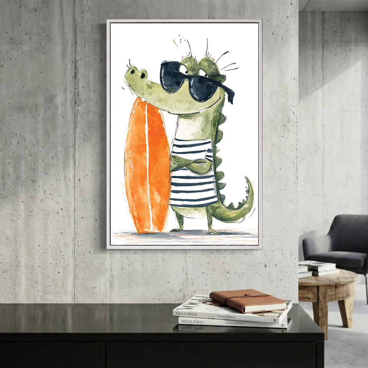 Crocodile Surfer Kids Watercolour canvas wall art print displayed in a styled living room