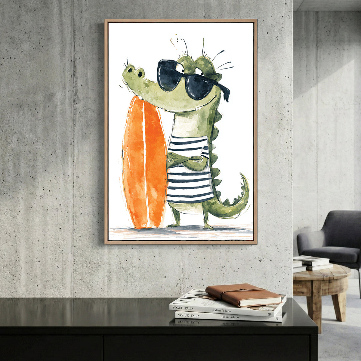 Crocodile Surfer Kids Watercolour canvas wall art print displayed in a styled living room