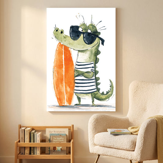 Crocodile Surfer Kids Watercolour canvas wall art print displayed in a styled living room