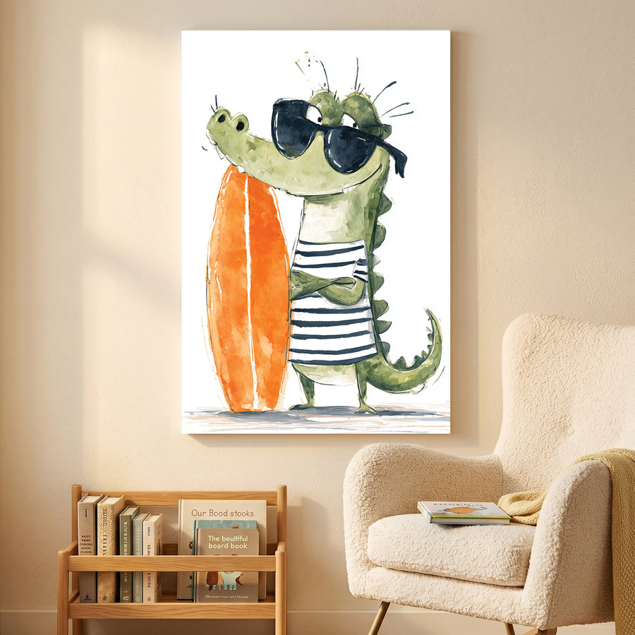 Crocodile Surfer Kids Watercolour canvas wall art print displayed in a styled living room
