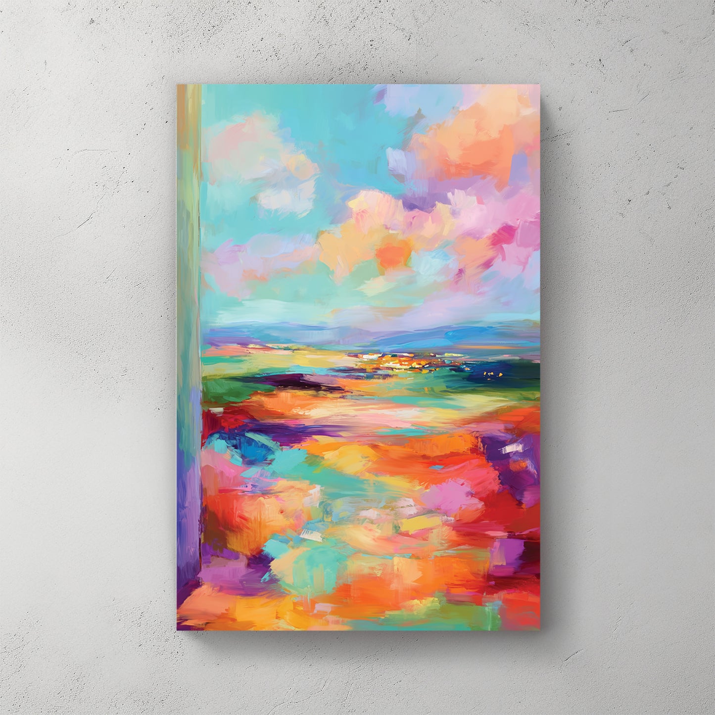 Pastel abstract landscape, soft brushstrokes, turquoise pink coral orange palette, dreamy sky with clouds, water meeting horizon — canvas wall art print