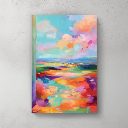 Pastel abstract landscape, soft brushstrokes, turquoise pink coral orange palette, dreamy sky with clouds, water meeting horizon — canvas wall art print