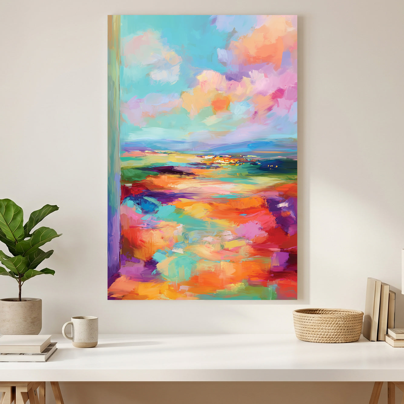 Pastel Abstract Landscape Painting canvas wall art print styled in a modern interior