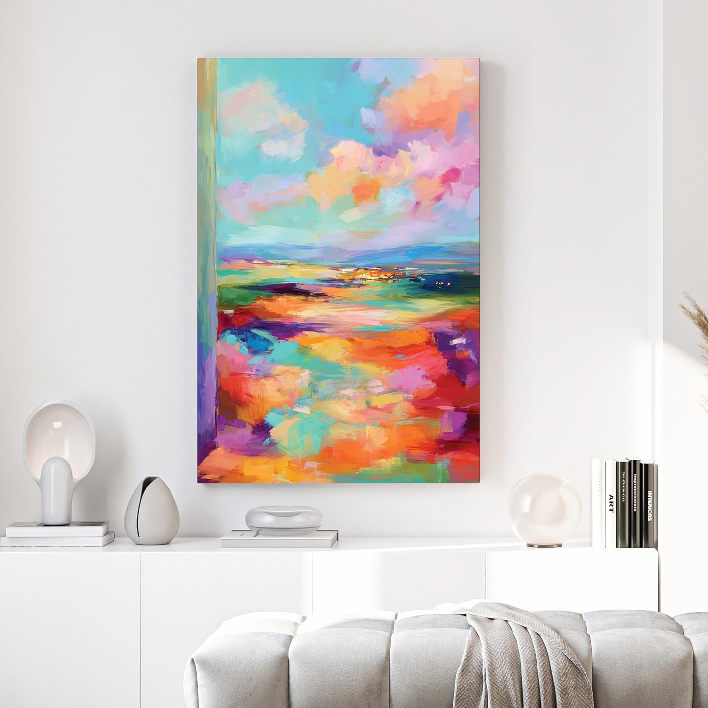 Pastel Abstract Landscape Painting canvas wall art print above a sofa in a contemporary living room