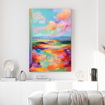 Pastel Abstract Landscape Painting canvas wall art print above a sofa in a contemporary living room