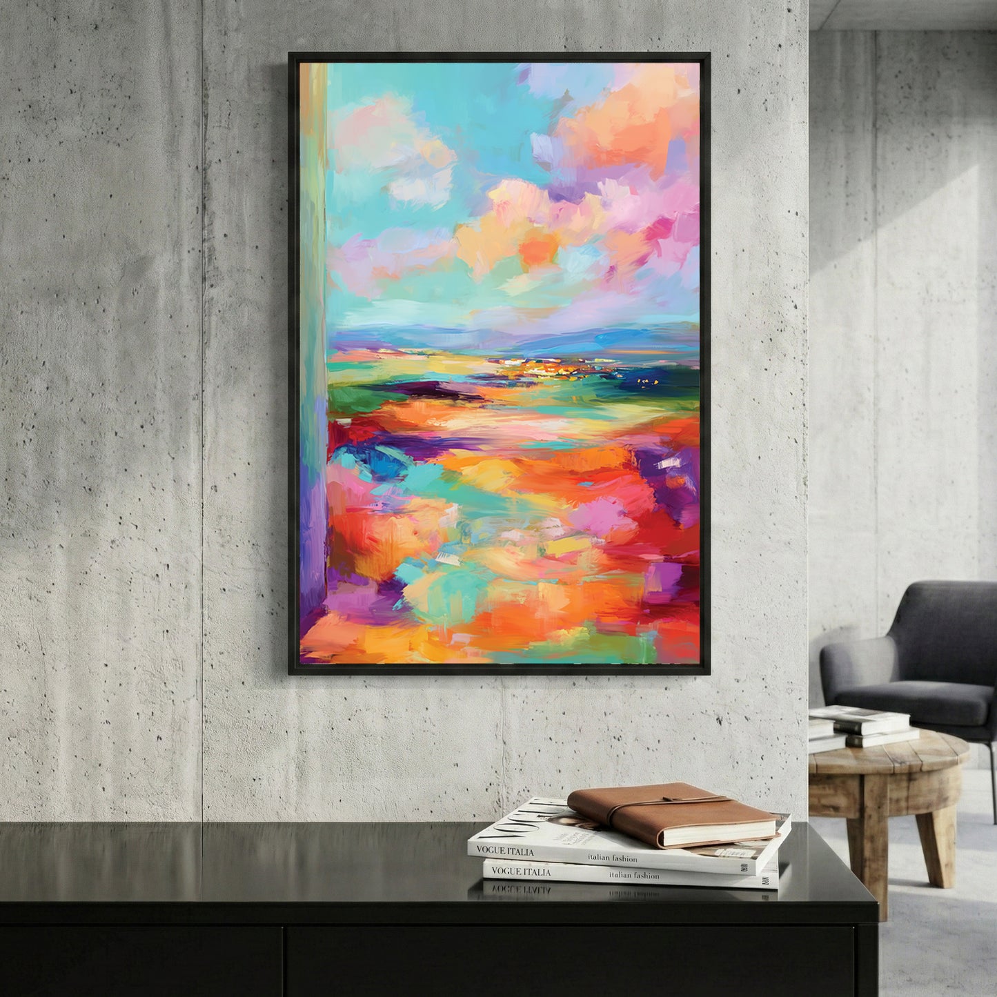 Pastel Abstract Landscape Painting framed canvas wall art print in a gallery-style display