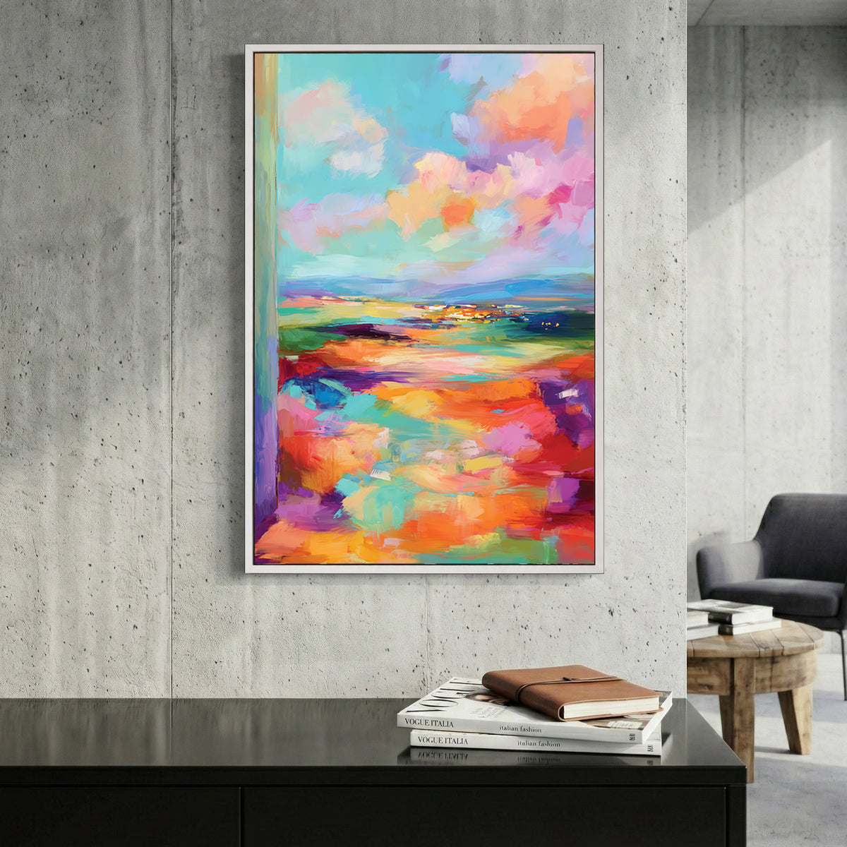 Pastel Abstract Landscape Painting canvas wall art print displayed in a styled living room