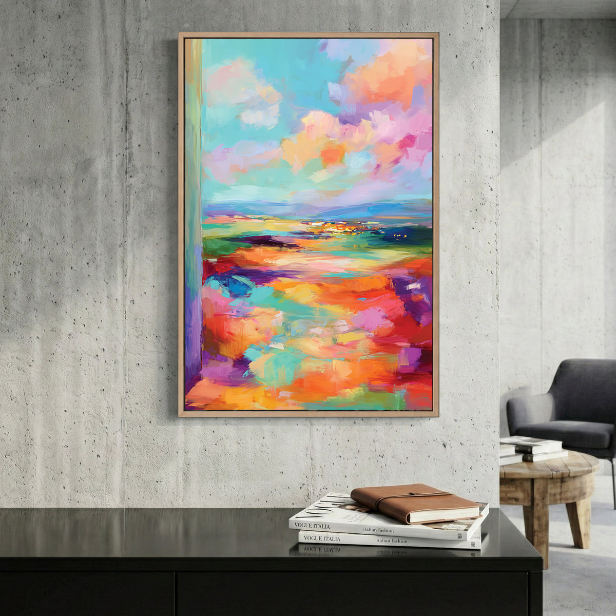 Pastel Abstract Landscape Painting canvas wall art print displayed in a styled living room