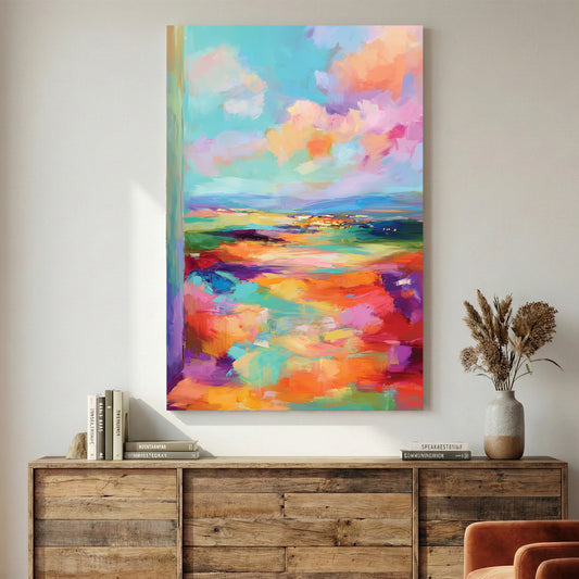 Pastel Abstract Landscape Painting canvas wall art print displayed in a styled living room