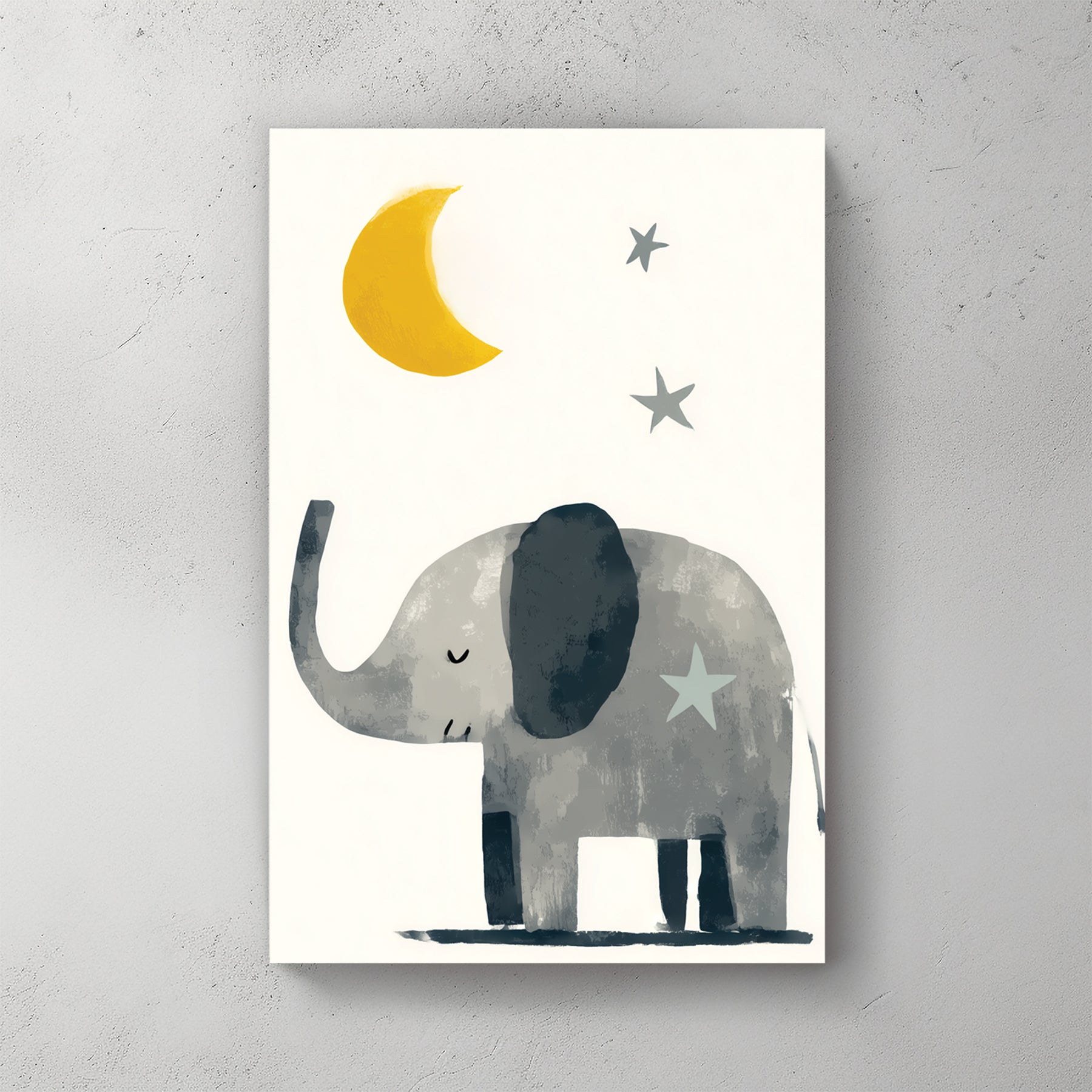 Baby elephant; yellow crescent moon; grey stars; minimalist nursery style — canvas wall art print