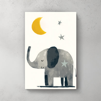 Baby elephant; yellow crescent moon; grey stars; minimalist nursery style — canvas wall art print