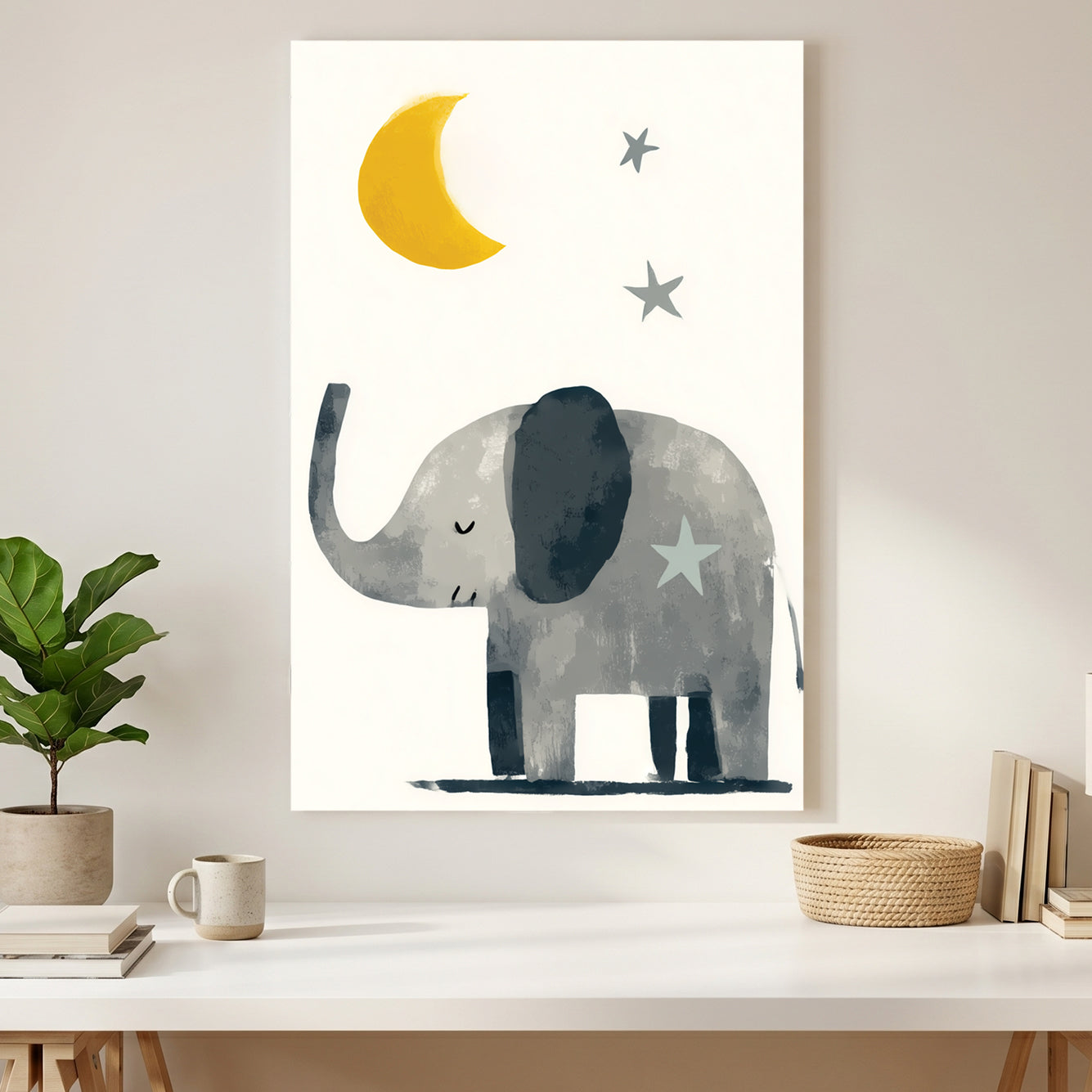 Baby Elephant Moon and Stars Nursery canvas wall art print styled in a modern interior