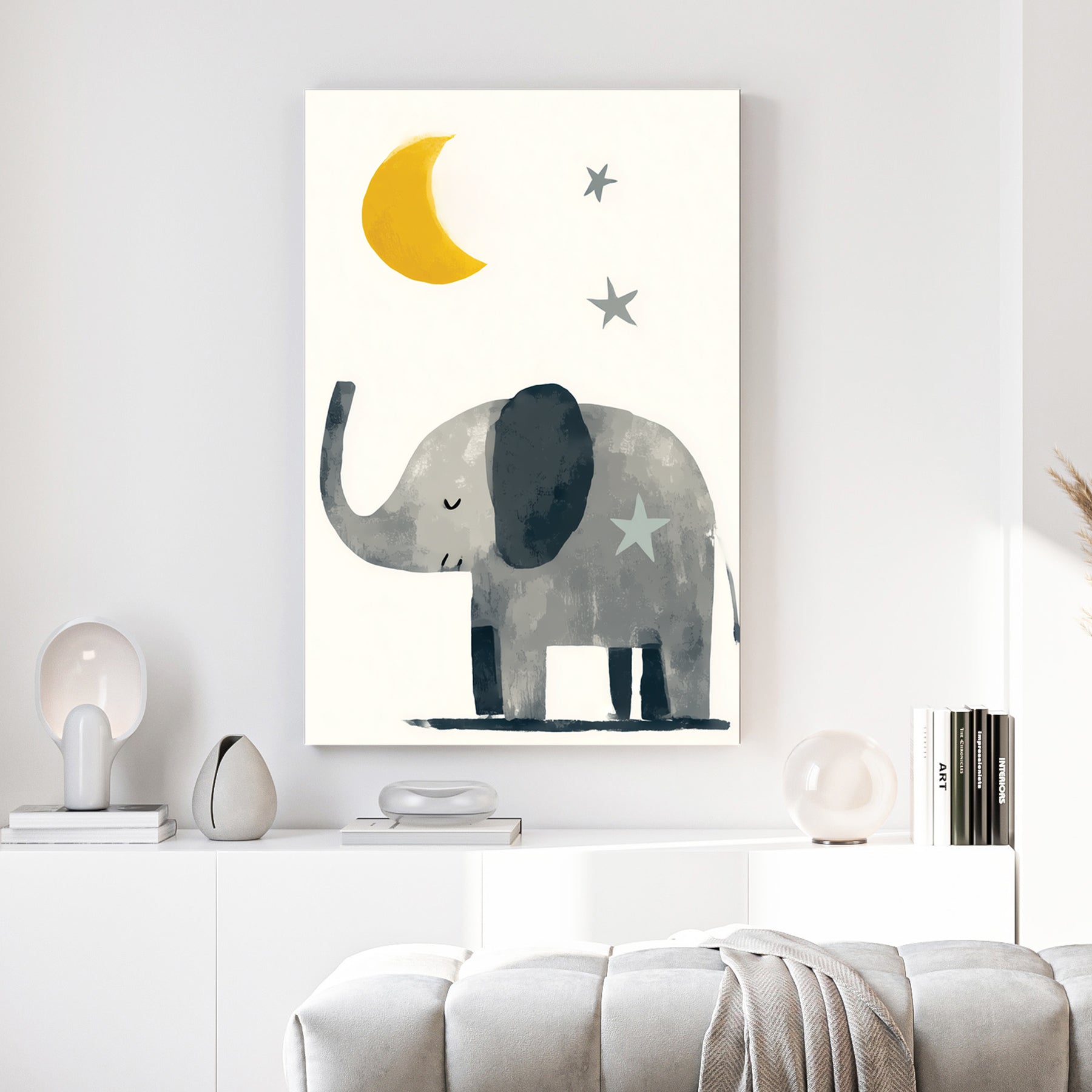 Baby Elephant Moon and Stars Nursery canvas wall art print above a sofa in a contemporary living room