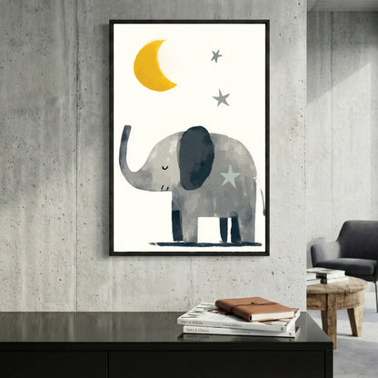 Baby Elephant Moon and Stars Nursery framed canvas wall art print in a gallery-style display