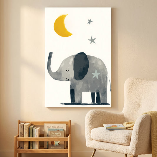 Baby Elephant Moon and Stars Nursery canvas wall art print displayed in a styled living room