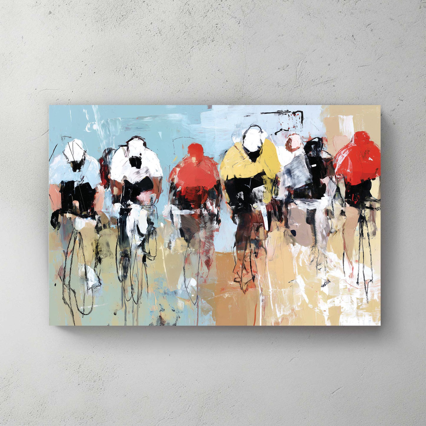 Real street cyclists in a race pack, jerseys in red yellow white, abstract painting style with loose brushwork and motion — canvas wall art print