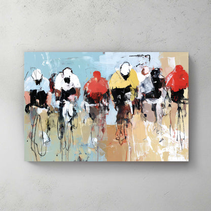 Real street cyclists in a race pack, jerseys in red yellow white, abstract painting style with loose brushwork and motion — canvas wall art print