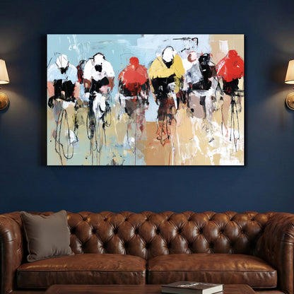 Street Cyclists Race Abstract Painting canvas wall art print above a sofa in a contemporary living room