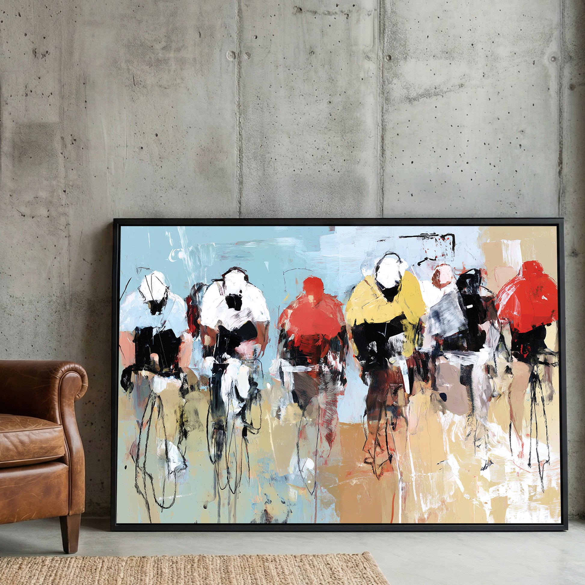 Street Cyclists Race Abstract Painting framed canvas wall art print in a gallery-style display
