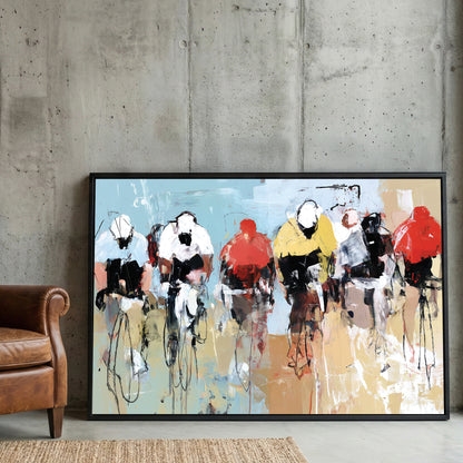 Street Cyclists Race Abstract Painting framed canvas wall art print in a gallery-style display