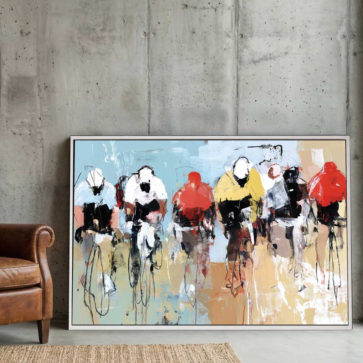 Street Cyclists Race Abstract Painting canvas wall art print displayed in a styled living room