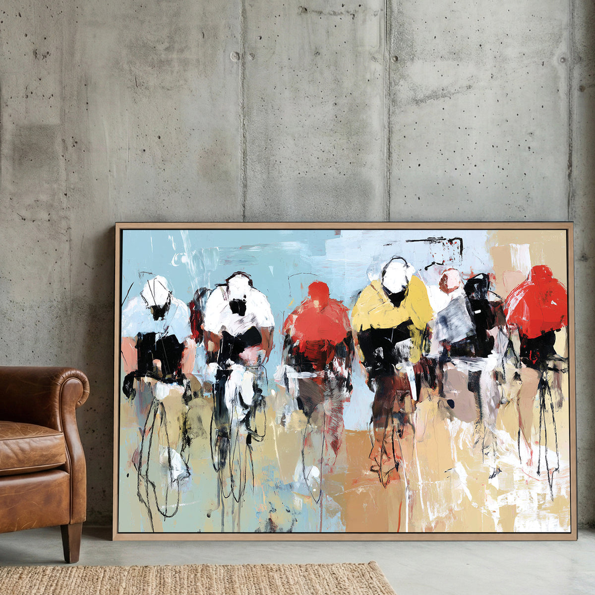 Street Cyclists Race Abstract Painting canvas wall art print displayed in a styled living room