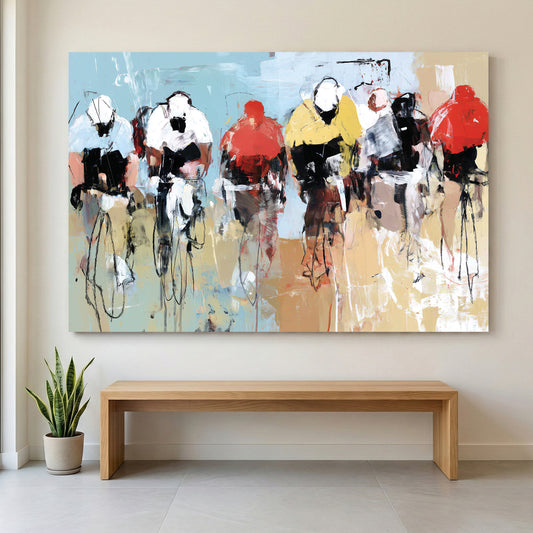 Street Cyclists Race Abstract Painting canvas wall art print displayed in a styled living room
