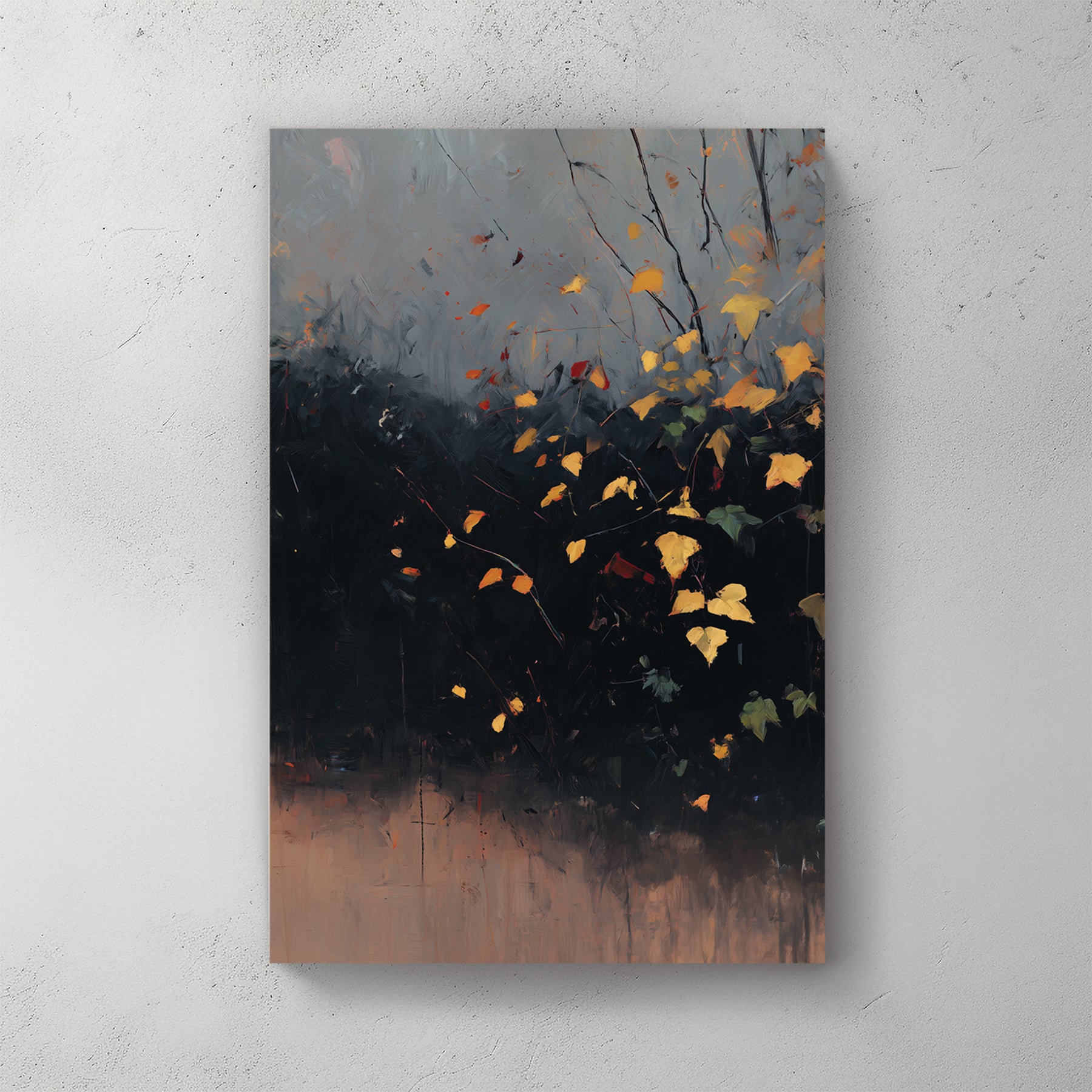 Autumn yellow leaves on dark branches, moody grey background, painterly — canvas wall art print