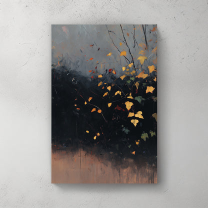 Autumn yellow leaves on dark branches, moody grey background, painterly — canvas wall art print