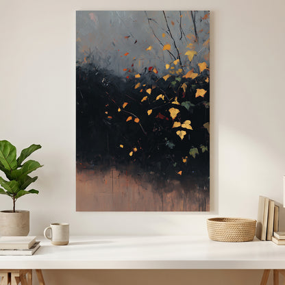 Autumn Leaves Branches Moody Painting canvas wall art print styled in a modern interior