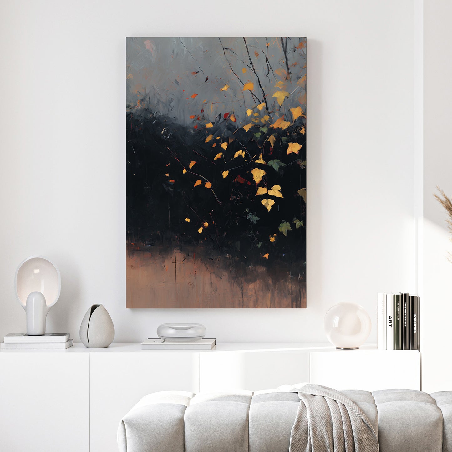 Autumn Leaves Branches Moody Painting canvas wall art print above a sofa in a contemporary living room