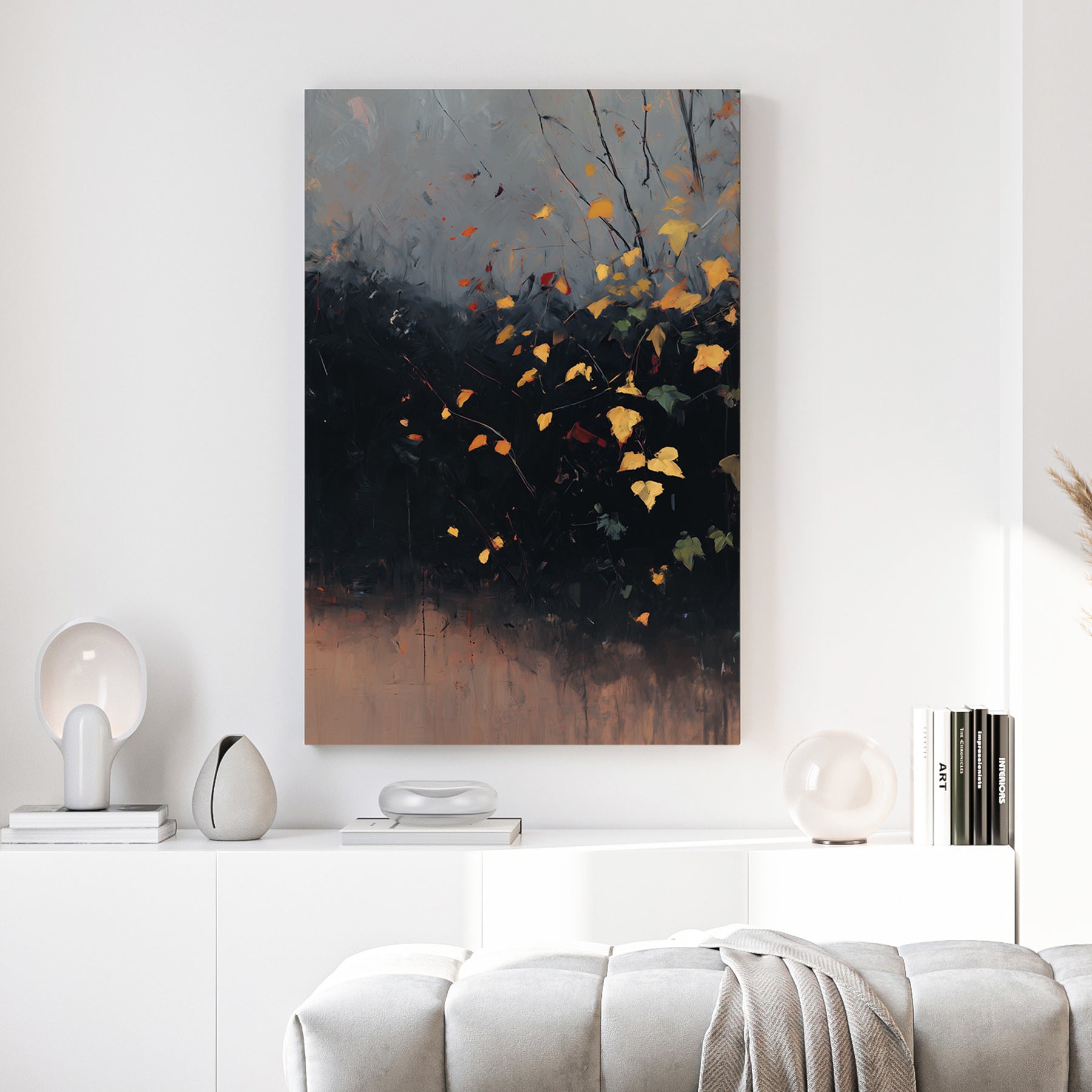 Autumn Leaves Branches Moody Painting canvas wall art print above a sofa in a contemporary living room
