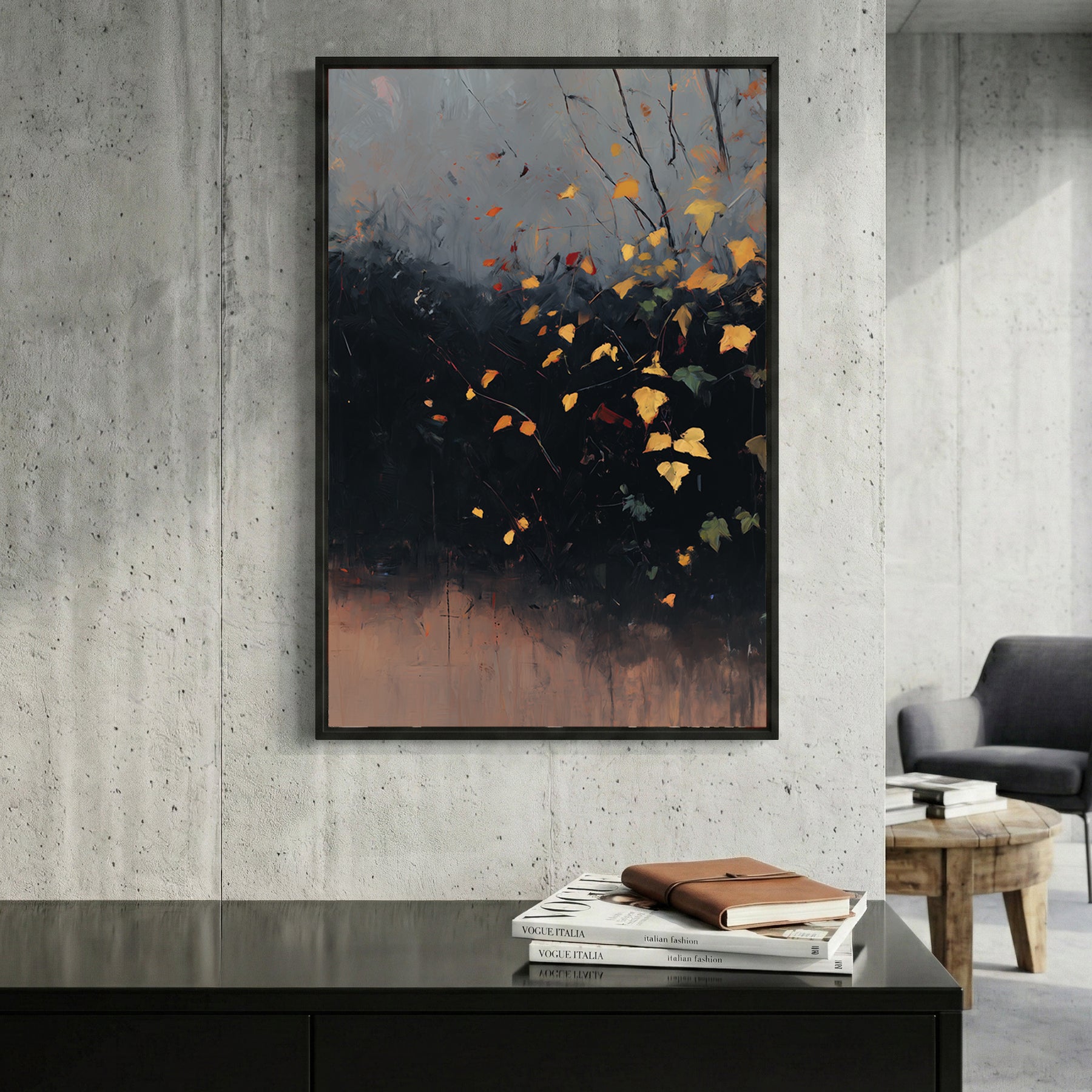 Autumn Leaves Branches Moody Painting framed canvas wall art print in a gallery-style display
